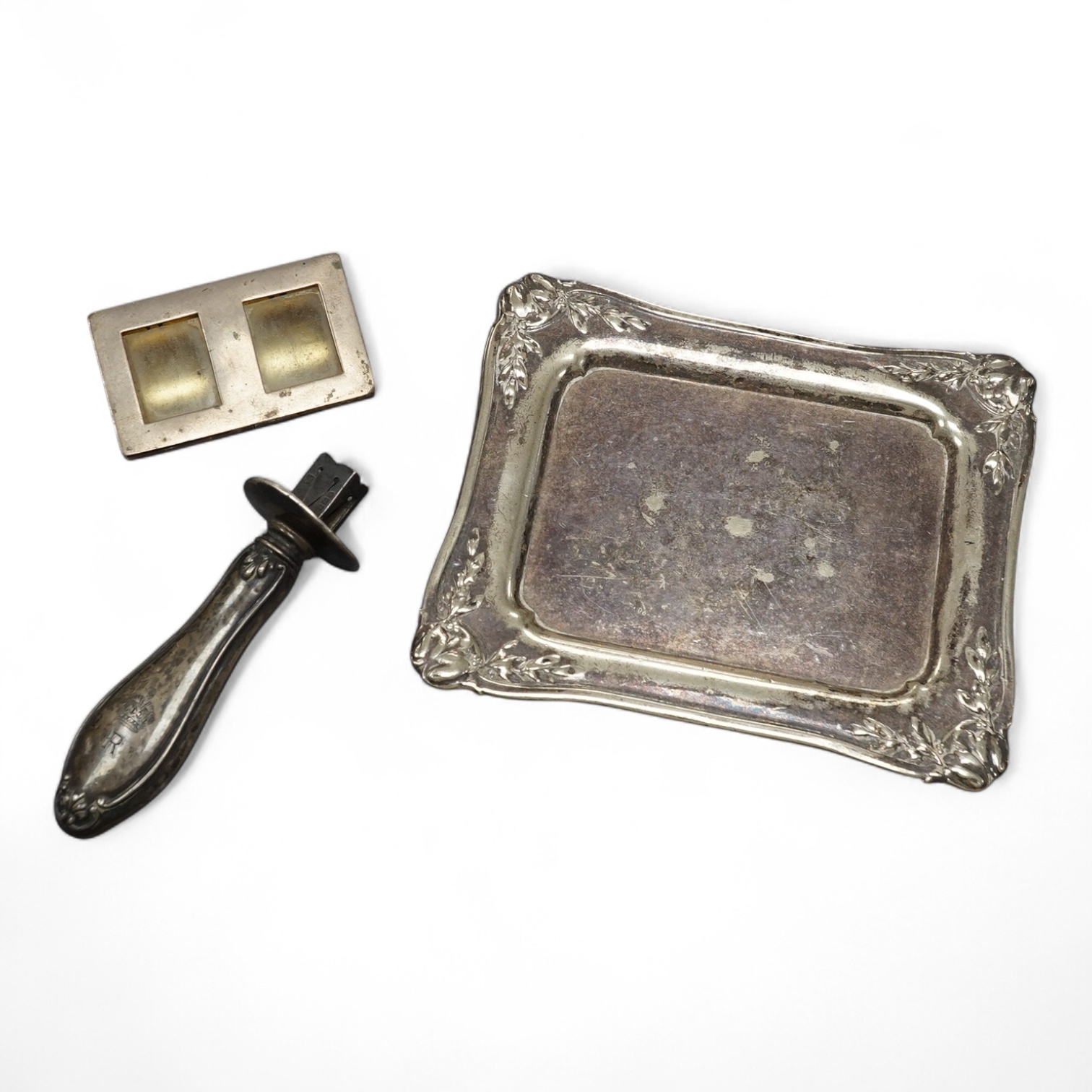 A white metal double stamp box, with glazed panels, stamped 'J.B&Co Silver', 59mm(lacking feet), together with an Edwardian silver sealing wax seal holder and an Elkington & Co silver plated 'Savoy Hotel' dish base, date